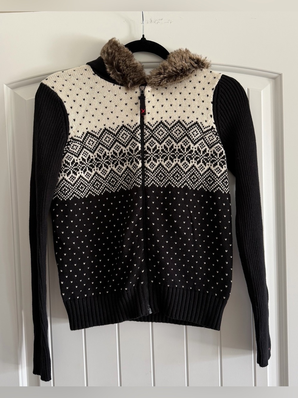 NWT Tommy Hilfiger Fair Isle Faux Fur Hood Sweater Small